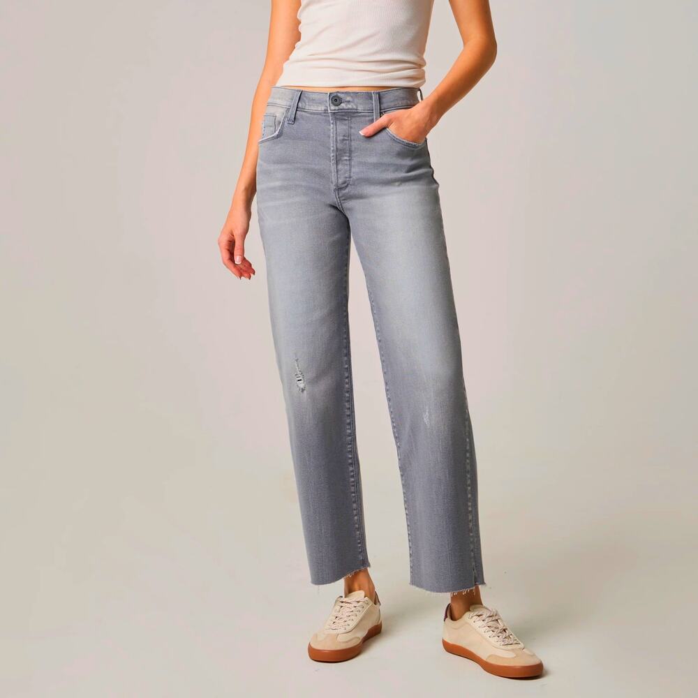 Edyson Vincent High Rise Wide Leg Jeans Grey Logan Wash Raw Hem Size 24